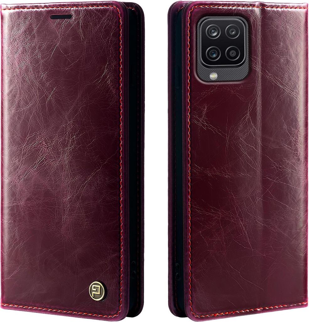 Handyhülle für Samsung Galaxy A12 Kunstleder Flip Vintage Cover Hülle RFID Schutz Case Kartenfach Farbe: Weinrot