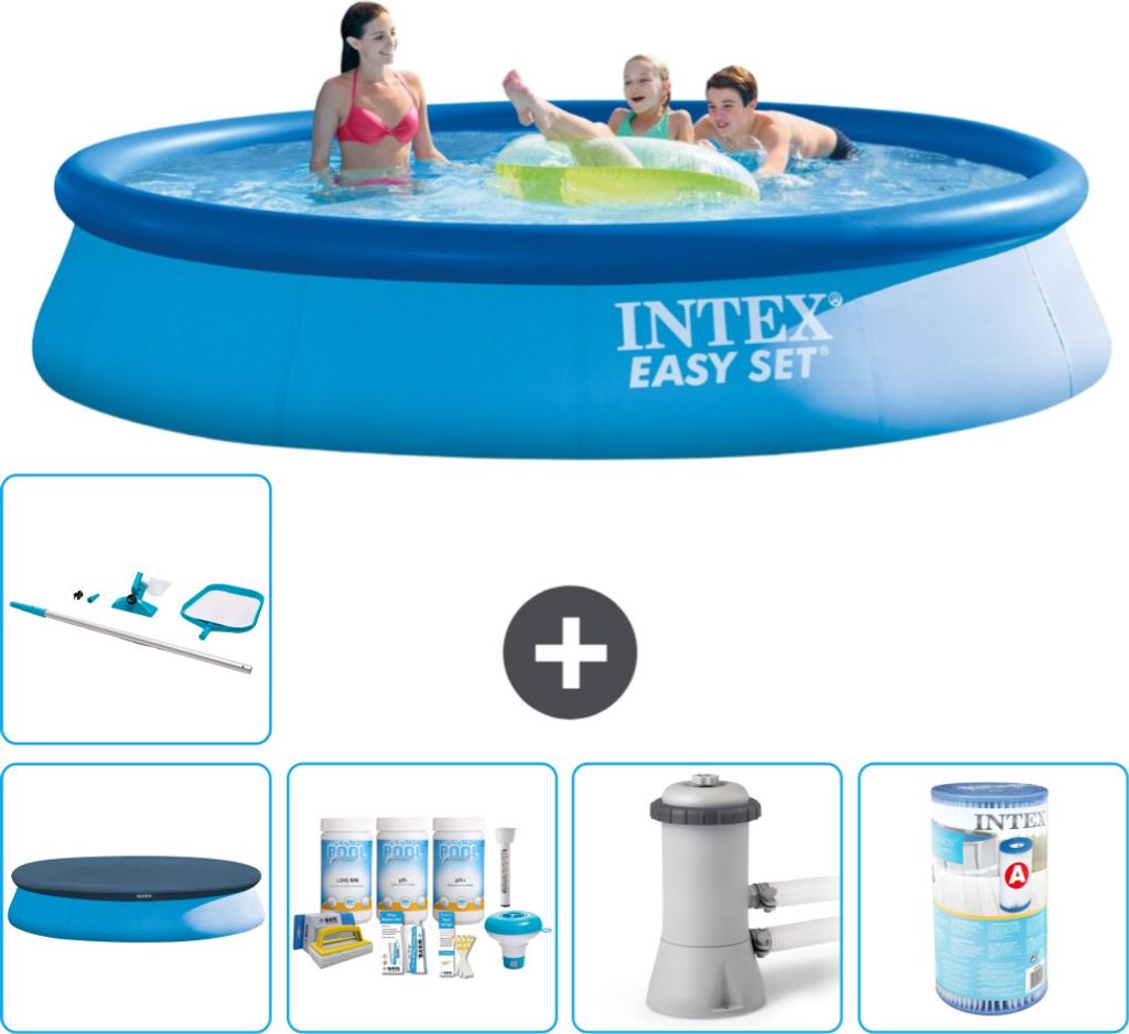 Intex runder aufblasbarer Easy Set-Pool – 396 x 84 cm – Blau – im Lieferumfang enthalten Abdeckung - Wartungspaket - Filterpumpe für Schwimm...