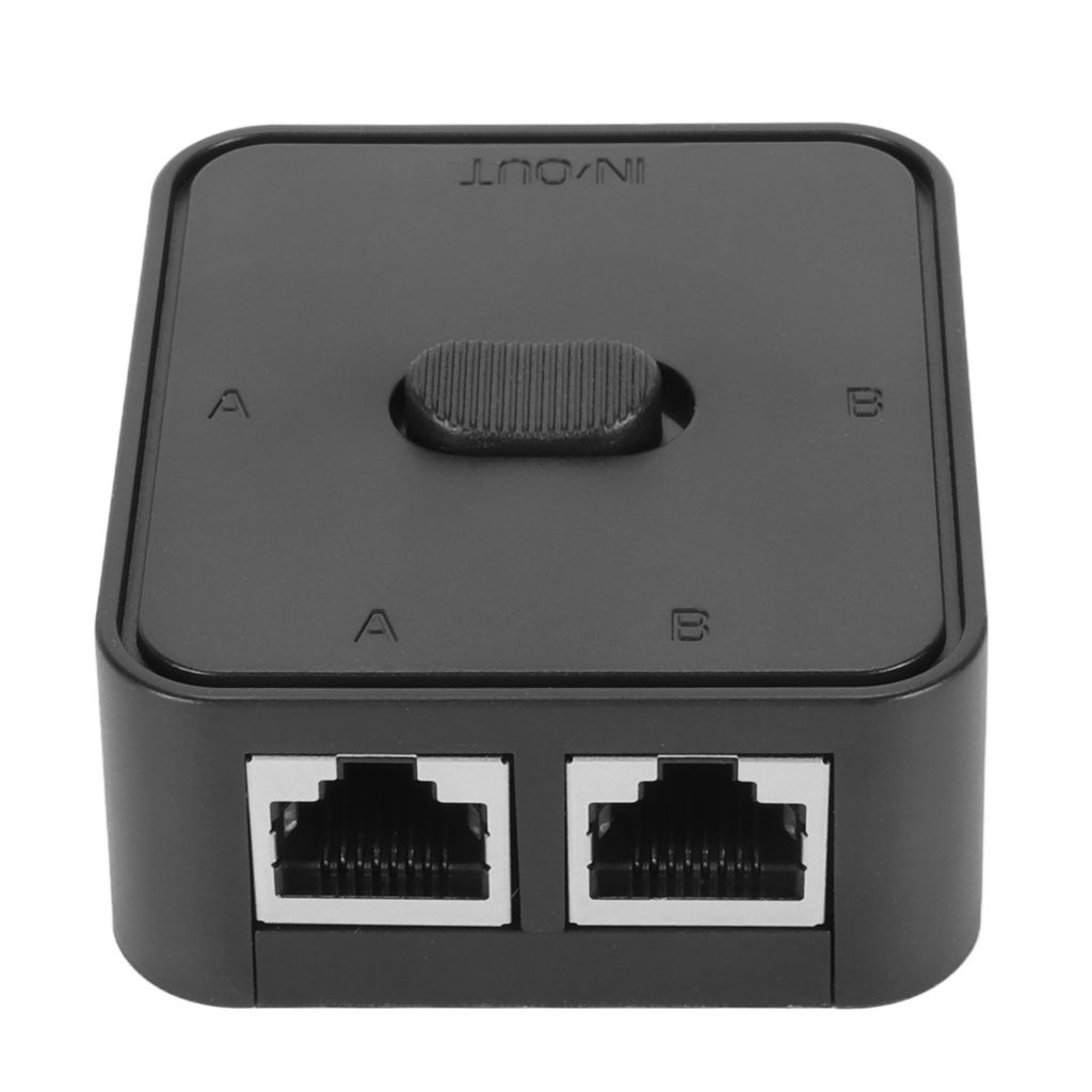 A black network switch with two RJ45 ports on the front and a toggle switch on top.