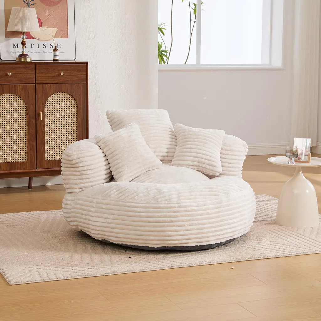 Pouf Géant avec Dossier et Repose-pieds en Velours Côtelé Beige