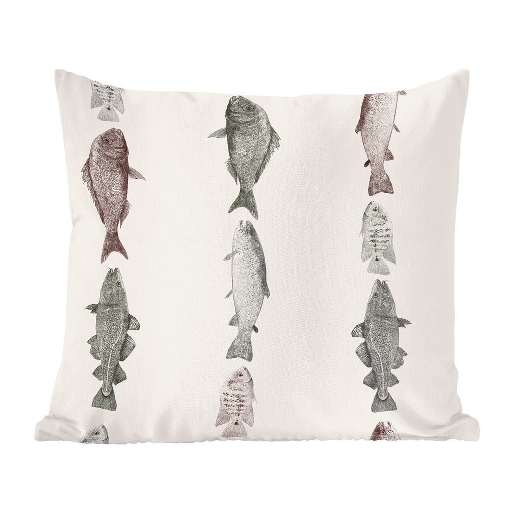 MuchoWow Zierkissen Sofakissen Wohnzimmer Dekokissen 40x40 cm Vintage-Illustration einer Reihe von Fischen - Foto Kissen - Schlafzimmer Dekoration