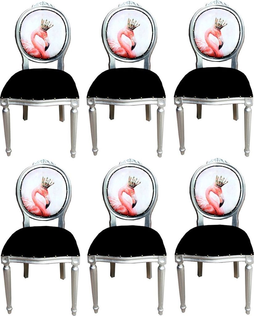 Casa Padrino Luxus Barock Esszimmer Set Flamingo mit Krone Schwarz / Mehrfarbig / Silber 48 x 50 x H. 98 cm - 6 handgefertigte Esszimmerstühle mit...