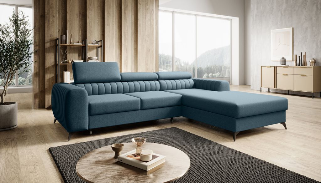 Ecksofa MONE mit einstellbare Kopfstützen und Schlaffunktion, Farbe Blau Vogue 12 Velour Stoff , Couchgarnitur, Sofagarnitur, Schlafsofa, Wohnzimm...