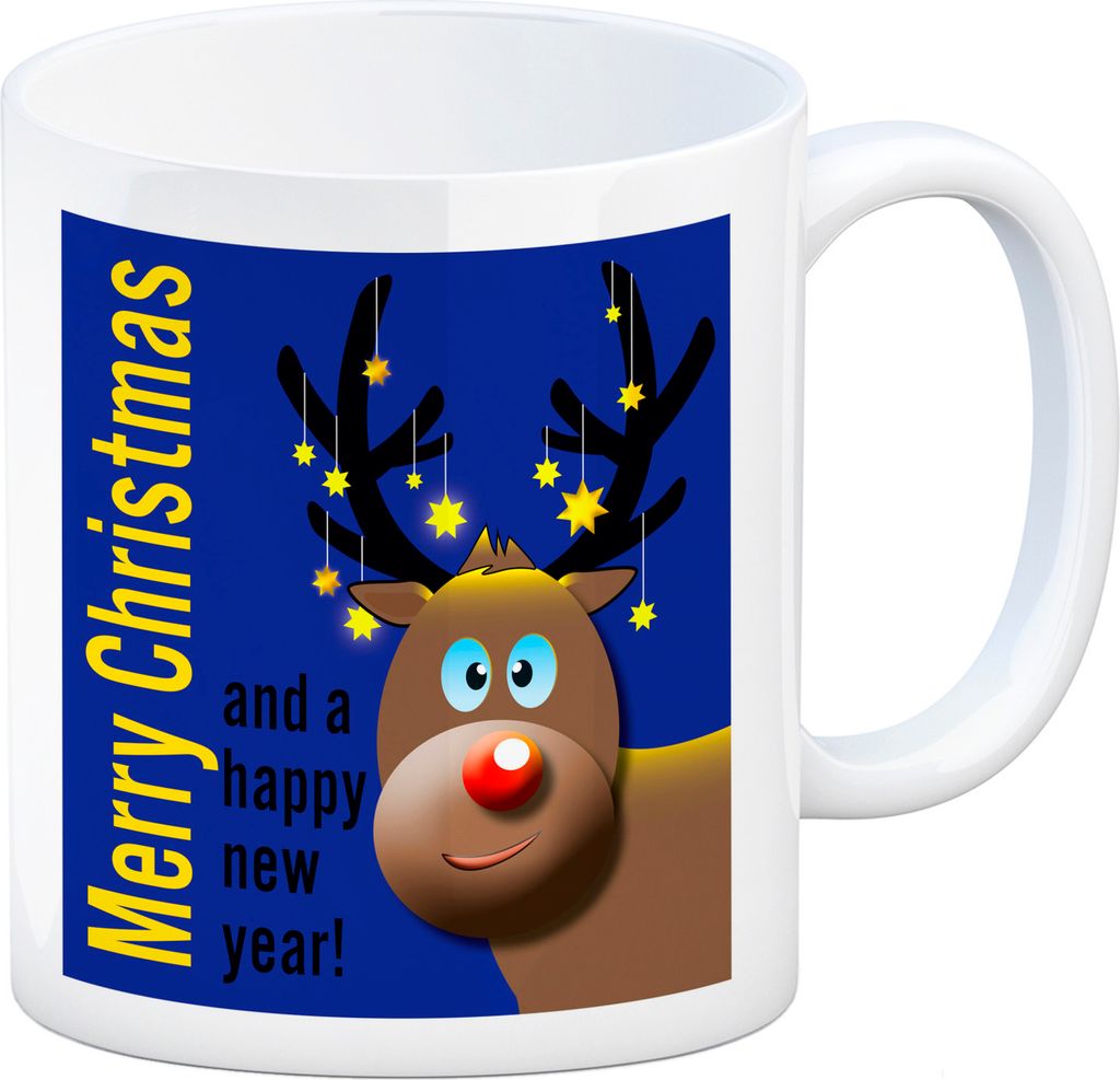Rentier Motiv und Spruch Kaffeebecher in Blau zum Thema Weihnachten