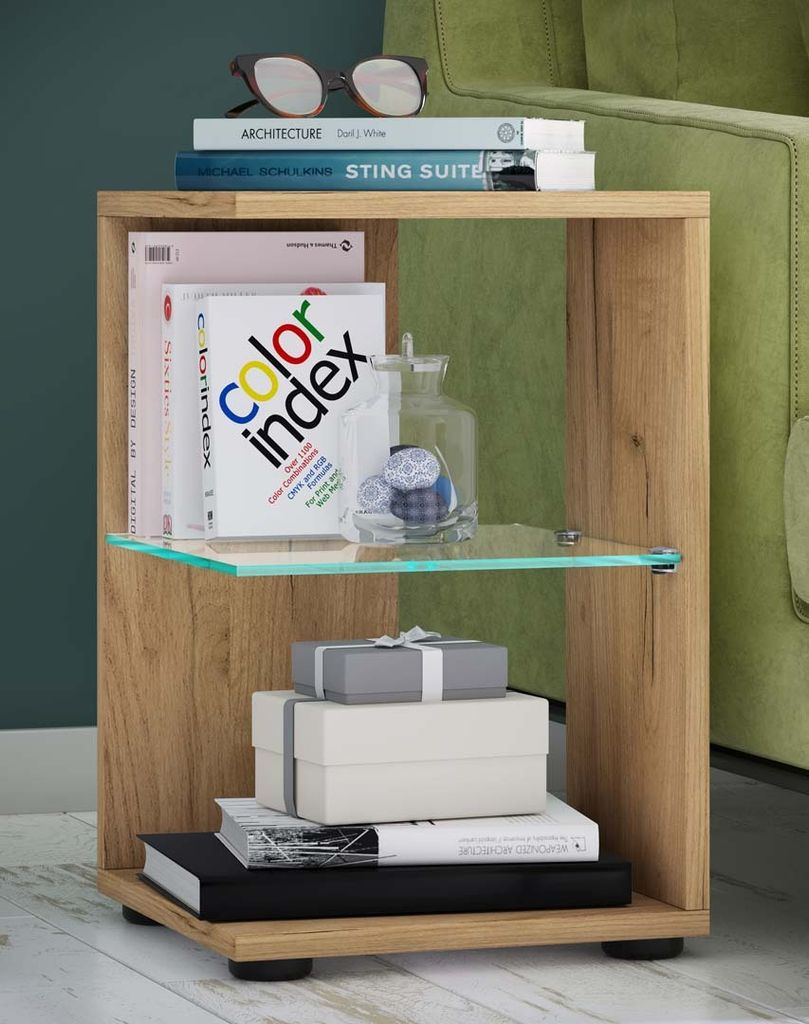 VCM Holz Beistelltisch mit ESG-Sicherheitsglas | Couchtisch schlicht | Maße ca. H. 45 x B. 30 x T. 30 cm | Wohnzimmertisch | Kaffeetisch - Elani