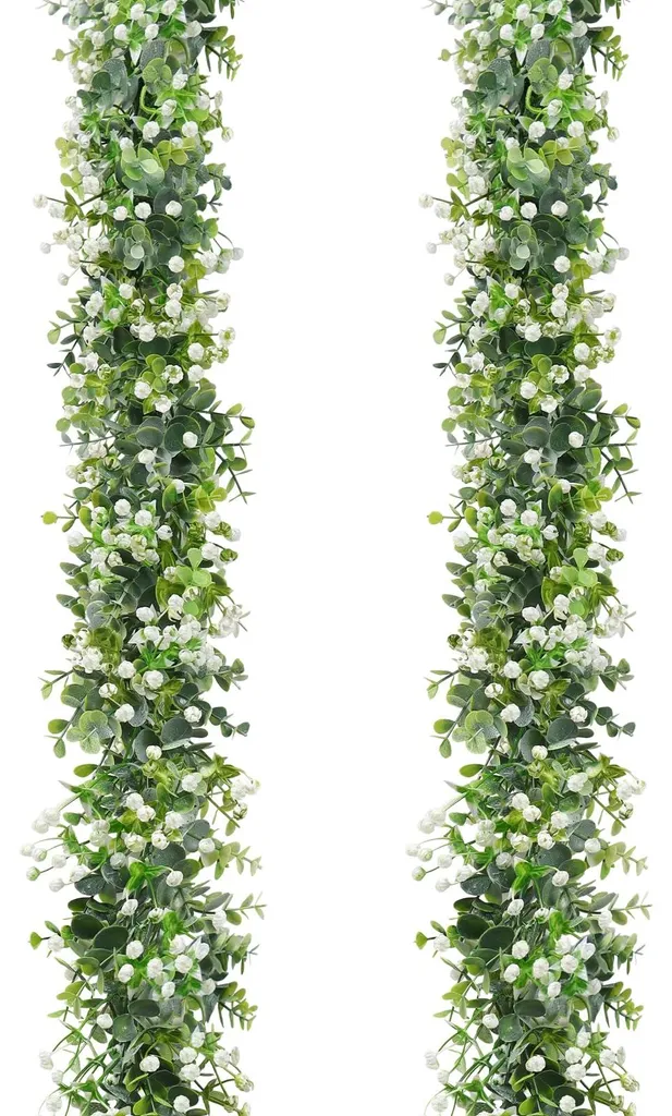 Lot de 2 Couronnes d'Eucalyptus Artificielles avec Fleurs Blanches 180cm