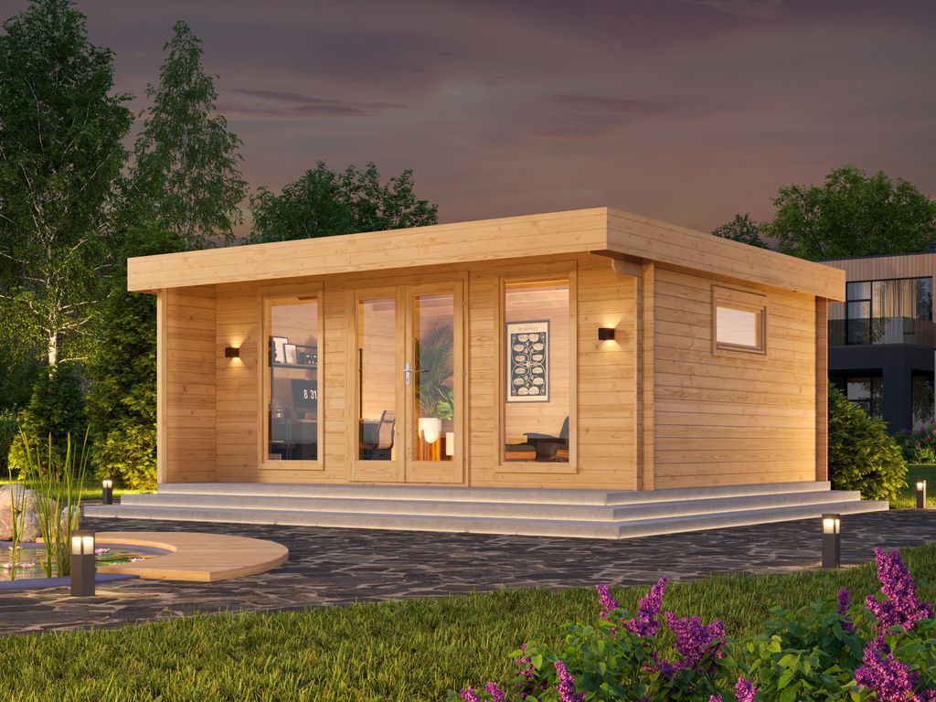 Modernes Fjordholz Gartenhaus mit Flachdach Modell Kubi