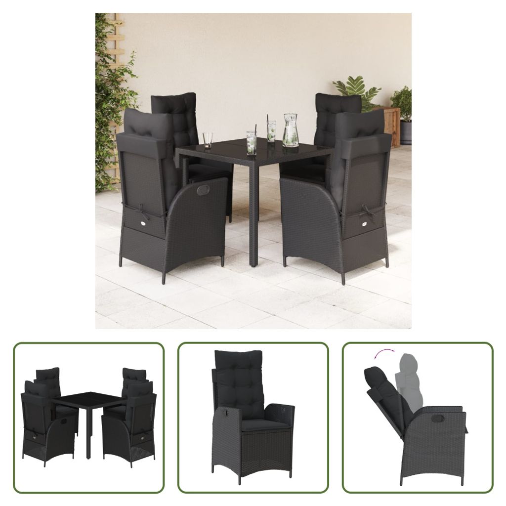 The Living Store 5-tlg. Garten-Essgruppe mit Kissen Schwarz Poly Rattan