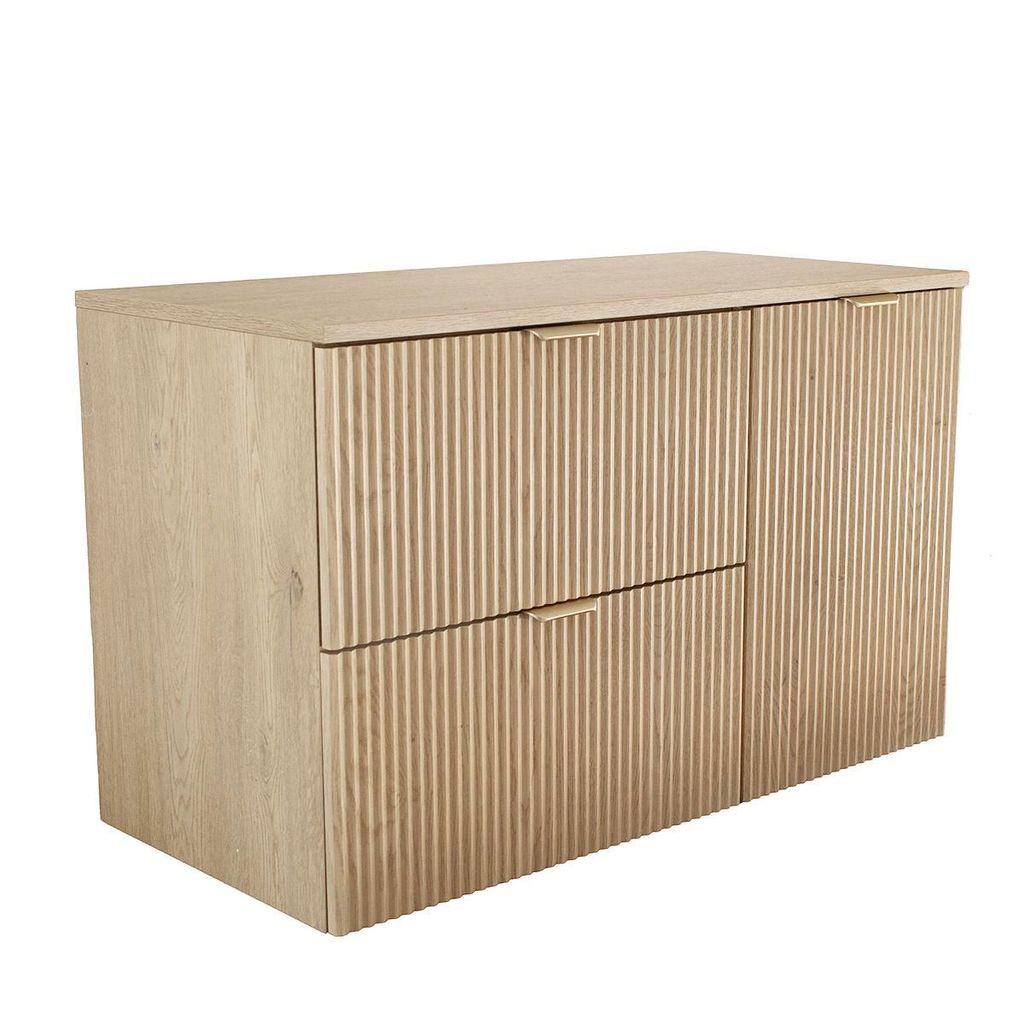 WENA Waschtischunterschrank 100 cm mit Wäschekorb, geriffelte Fronten, Griffe aus Metall in der Farbe Gold (Farbe: Eiche Cremona)