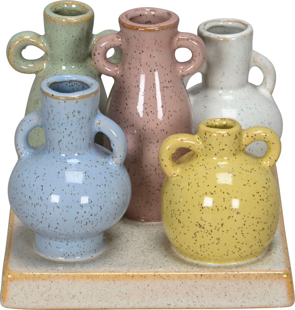 Keramik Vasen Set 5-teilig auf rechteckiger Platte – Mini Deko Vasen in Pastell