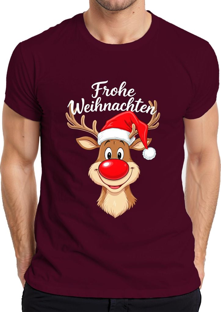 Frohe Weihnachten Rudolph rote Nase Weihnachtsmütze Kinder Lustig Herren T-Shirt, Burgundy, M