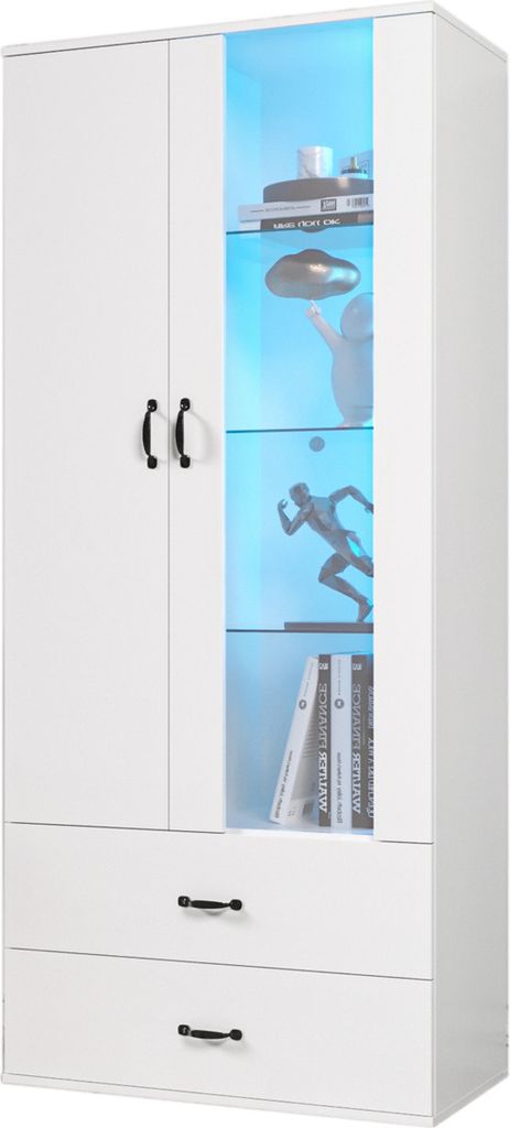16 Farben LED-beleuchtete Vitrine, 2 Türen, 2 Schubladen mit Glastüren,Standvitrine Weiße LED-Vitrine Wohnzimmer Wohnzimmerwand LED-Vitrine LE...