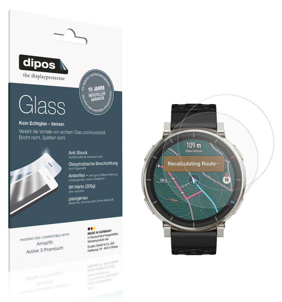 2x Schutzfolie für Amazfit Active 3 Premium matt - Anti-Shock 9H Folie dipos Glass Kunststoffglas