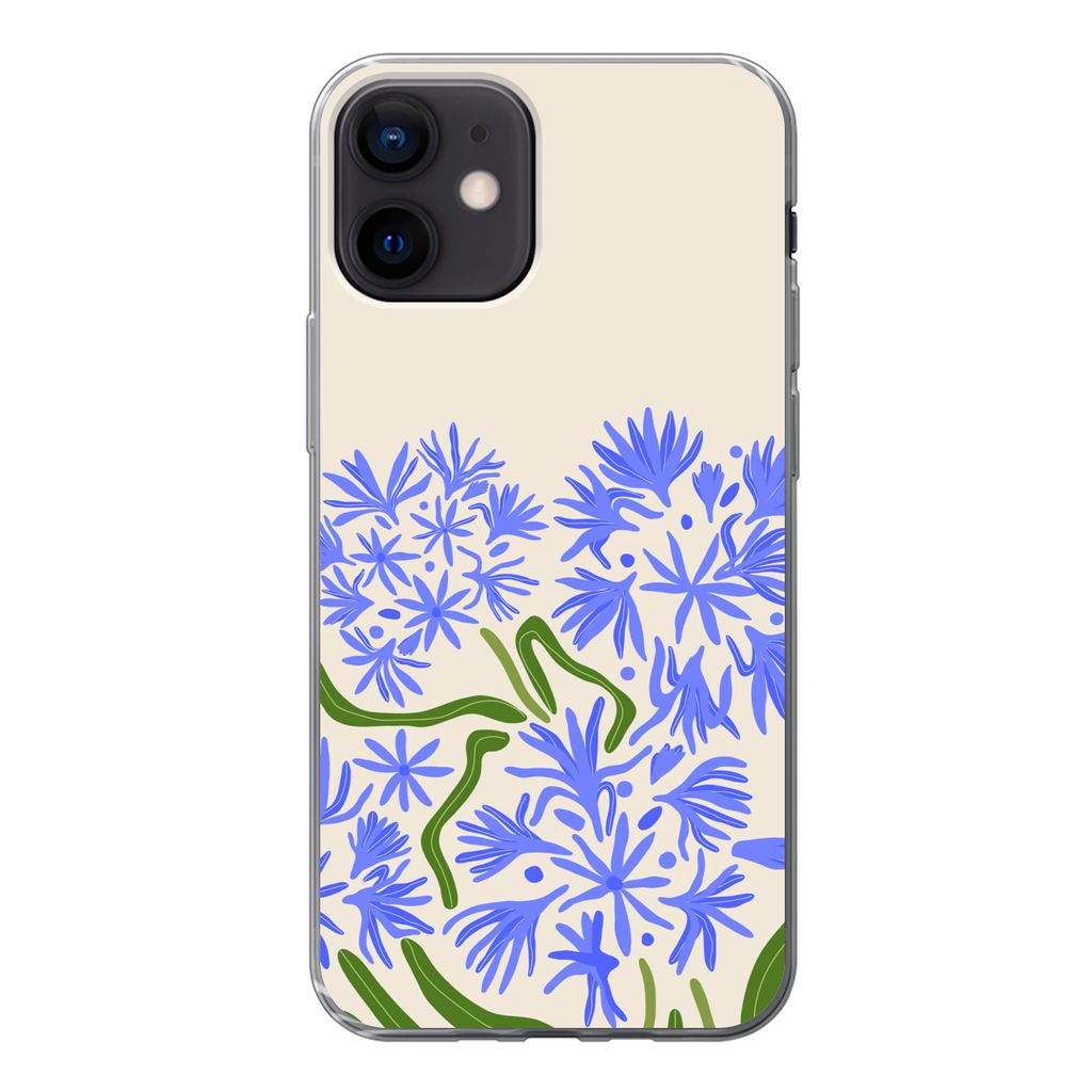 MuchoWow Handyhülle Schutzhülle Hülle für iPhone 12 Blume - Blau - Blatt - Einfach Silikon Softcase Handy Hülle - Schutzhülle
