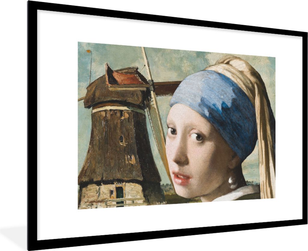 MuchoWow Gerahmtes Poster Das Mädchen mit dem Perlenohrring - Mühle - Vermeer 90x60 cm - Poster mit Schwarzem Bilderrahmen Wandposter Rahmen Fo...