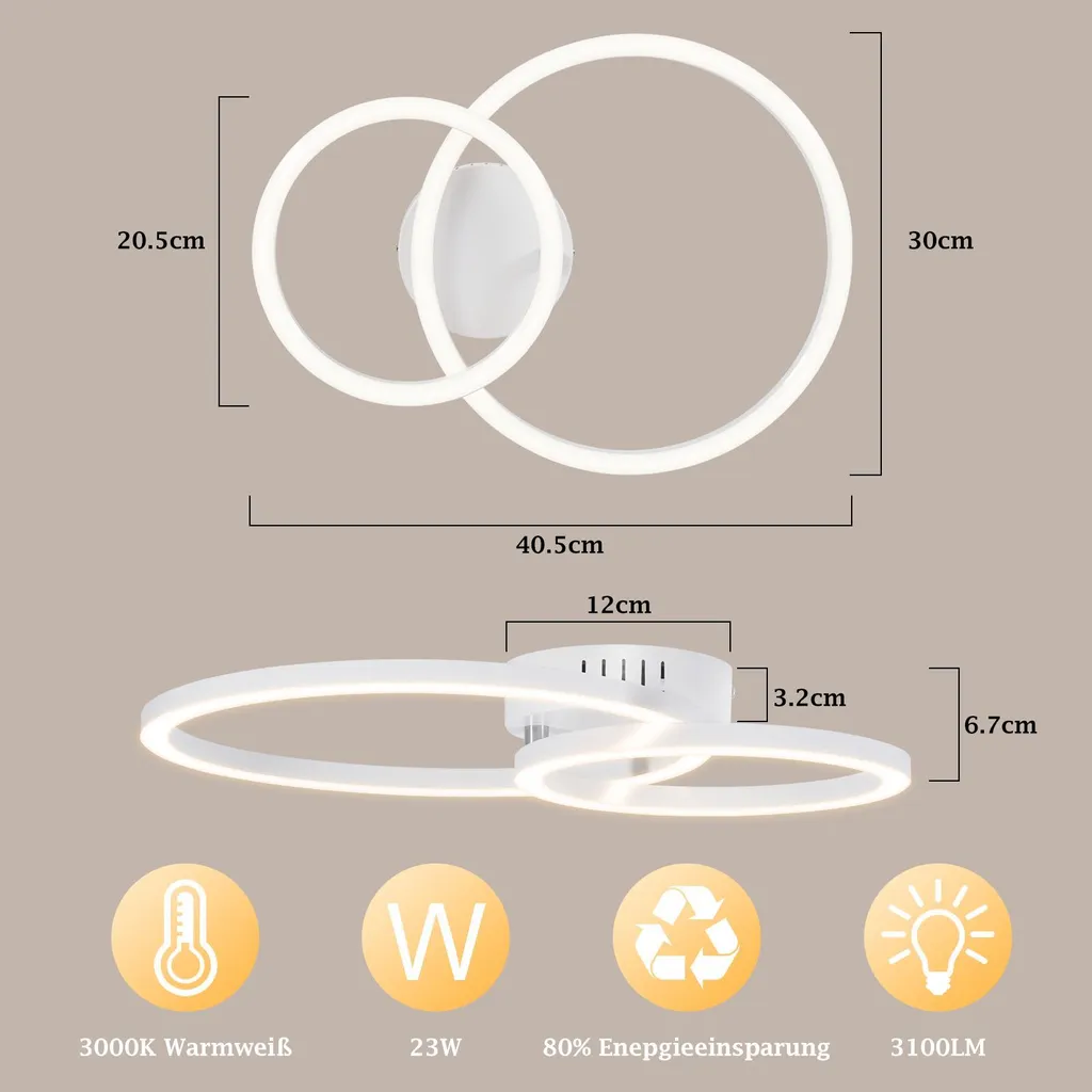 Plafonnier LED blanc chaud 3000K - Éclairage chic à 2 anneaux 40 cm - 4