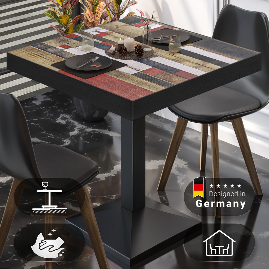 BPA | Bistro Tisch | Quadratisch | Schwarzer Rand | 60 x 60 x 81 cm | Vintage Bunt / Schwarz | Bistrotisch Gastro Tisch