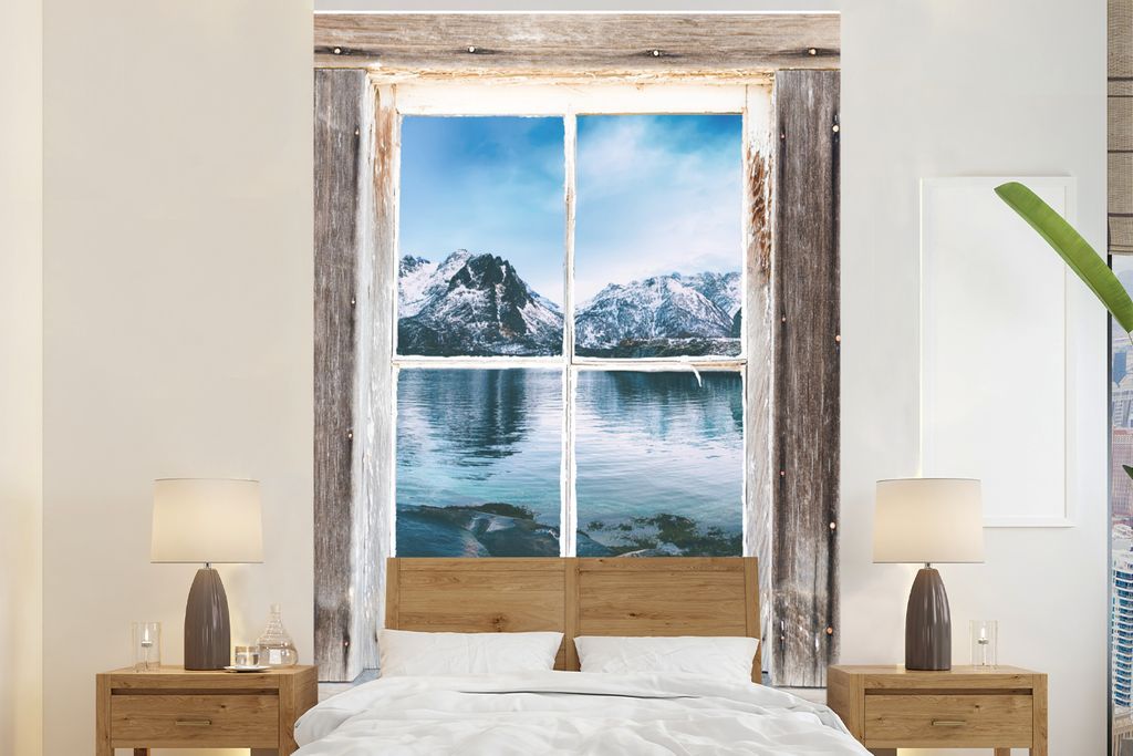 MuchoWow Fototapete für Wohnzimmer oder Schlafzimmer Wandtapete Vinyl Motivtapete Aussicht - Berg - Wasser - 195x300 cm - Das Hintergrundbild