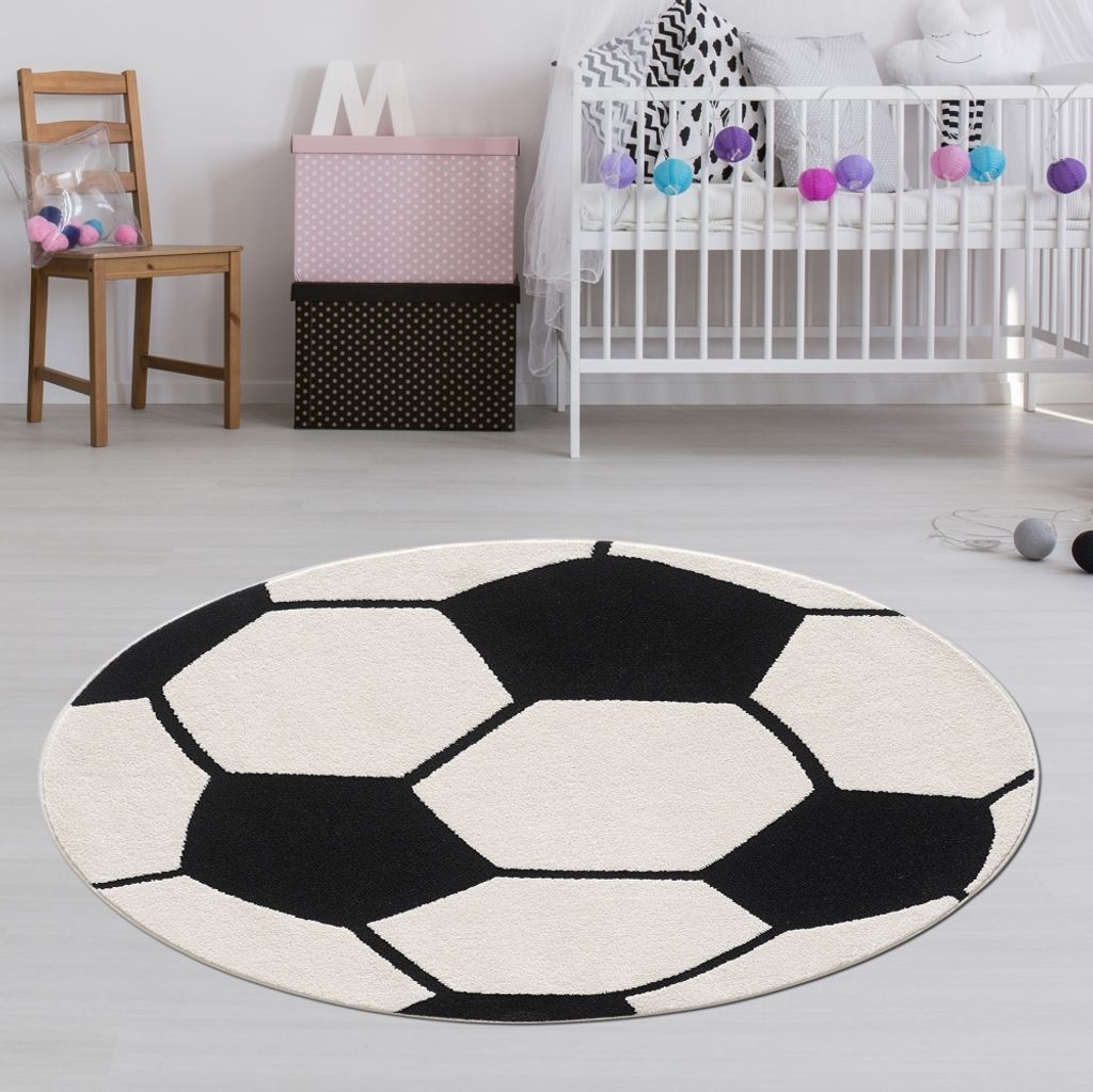 Fußballteppich rund Weich & robust für Kinderzimmer und Wohnzimmer in Schwarz Weiß Größe - 200 cm Rund