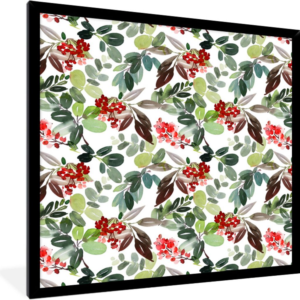 MuchoWow Gerahmtes Poster Aquarell - Pflanzen - Rot 40x40 cm - Poster mit Schwarzem Bilderrahmen Wandposter Rahmen Foto Bilder - Mit Rahmen - Wan...