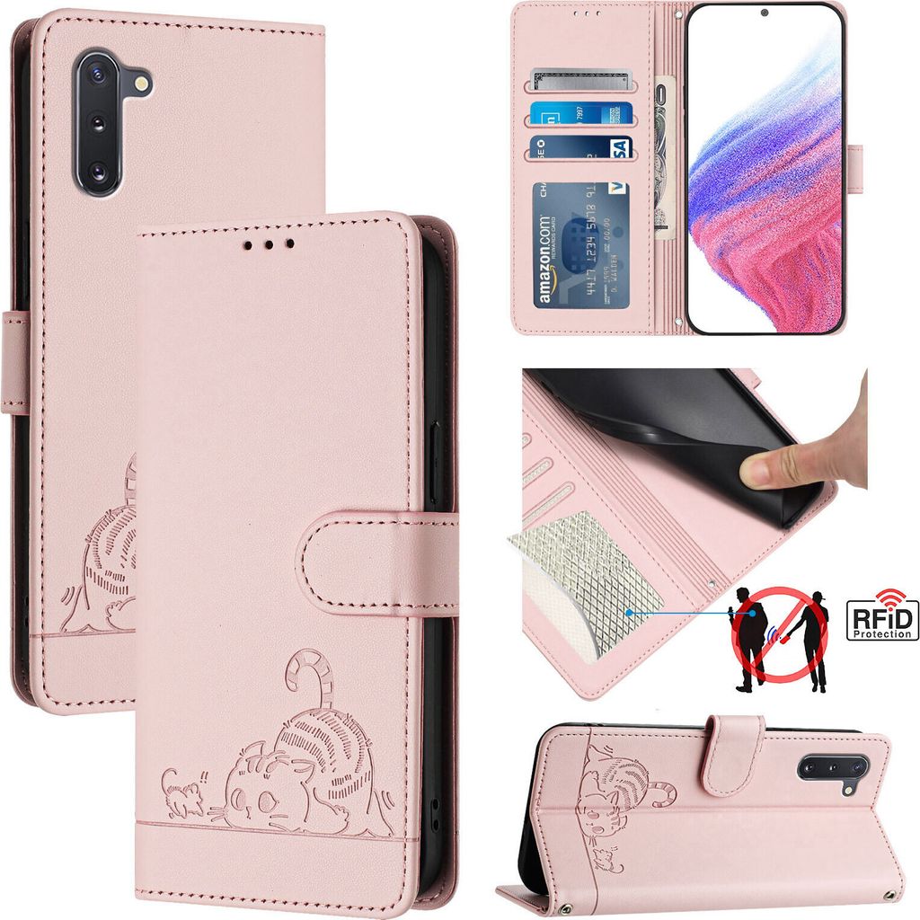 Leder Hülle für Samsung Galaxy Note 10 Süße Katze Flip Case Brieftasche Schutzhülle mit Standfunktion Pink