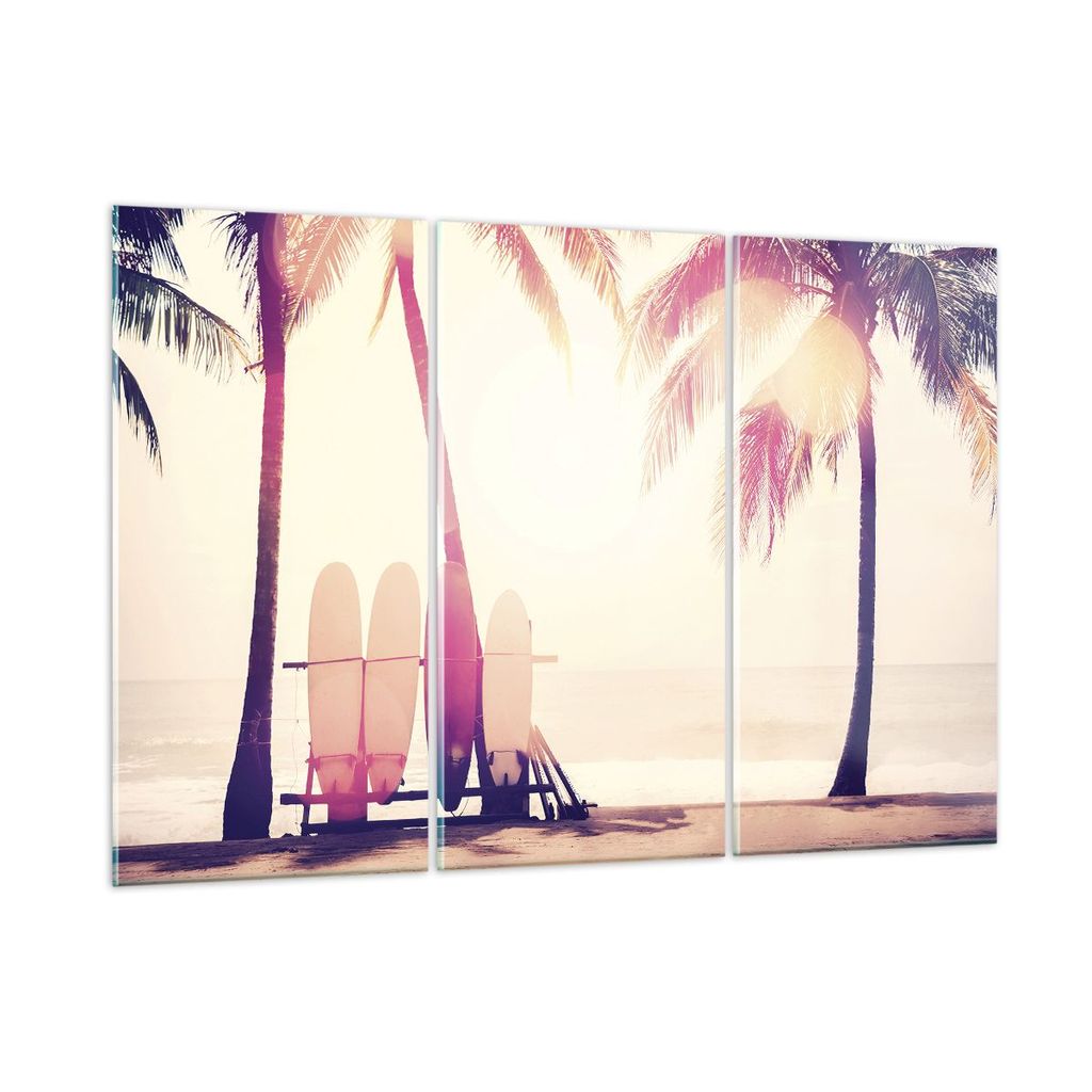 Bilder auf glas - 3 Teile - Fackel Strand Surfen - 105x70cm - Glasbilder - Wandbilder - Bilder - zum Aufhängen bereit - Wanddekoration aus Glas - ...