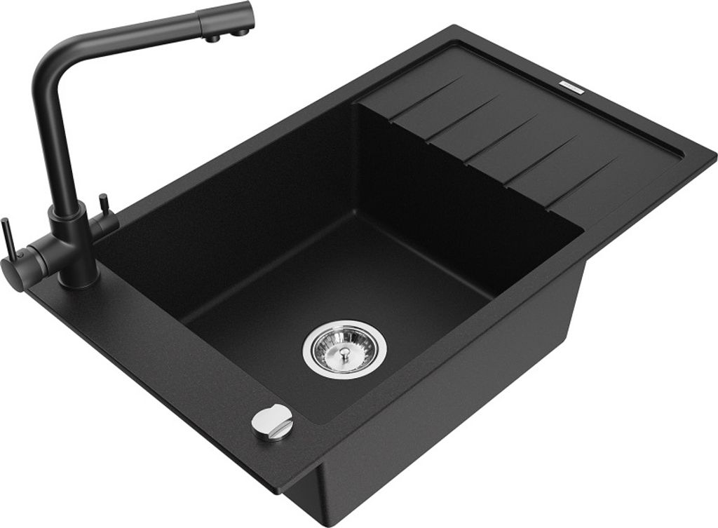 Mexen Elias 1 Becken-Granitspüle mit Abtropffläche und Mischbatterie Duero, Schwarz - 6511-77-671600-70