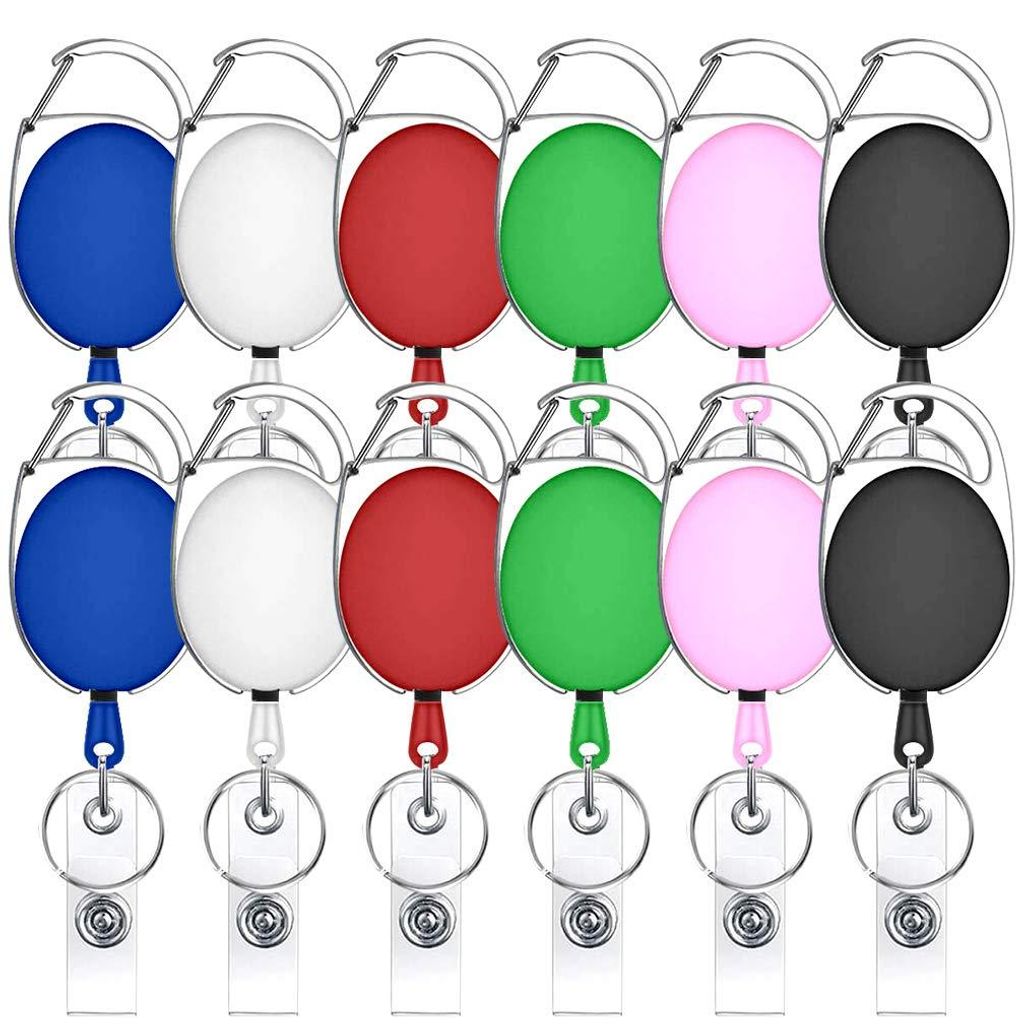 Set mit 12 einziehbaren Karabinern/Kordelverlängerungen für Schlüsselanhänger und Ausweise, 12 Stück, 6 Farben, 3,5 x 6 cm