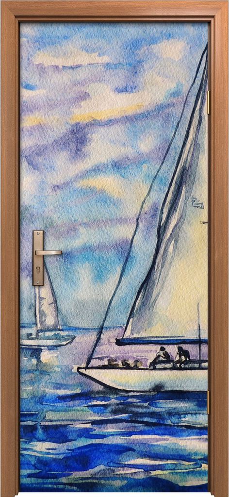 Türposter 80x200 cm Türaufkleber Türtapete Türfolie Klebefolie Malerei Boote Wasser Himmel blau