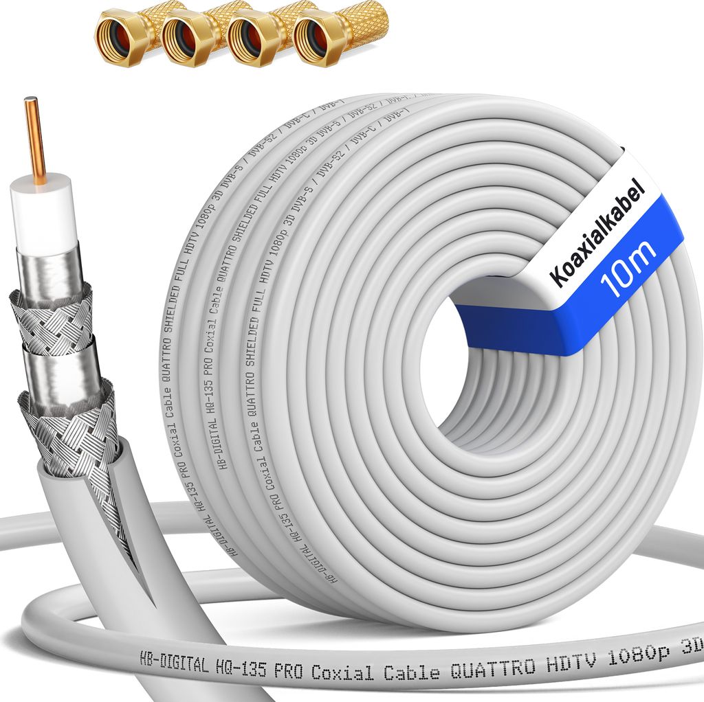 hb-digital 10m Koaxialkabel HQ 135dB 4-Fach geschirmt Stahl Kupfer weiß + 4 F-Stecker