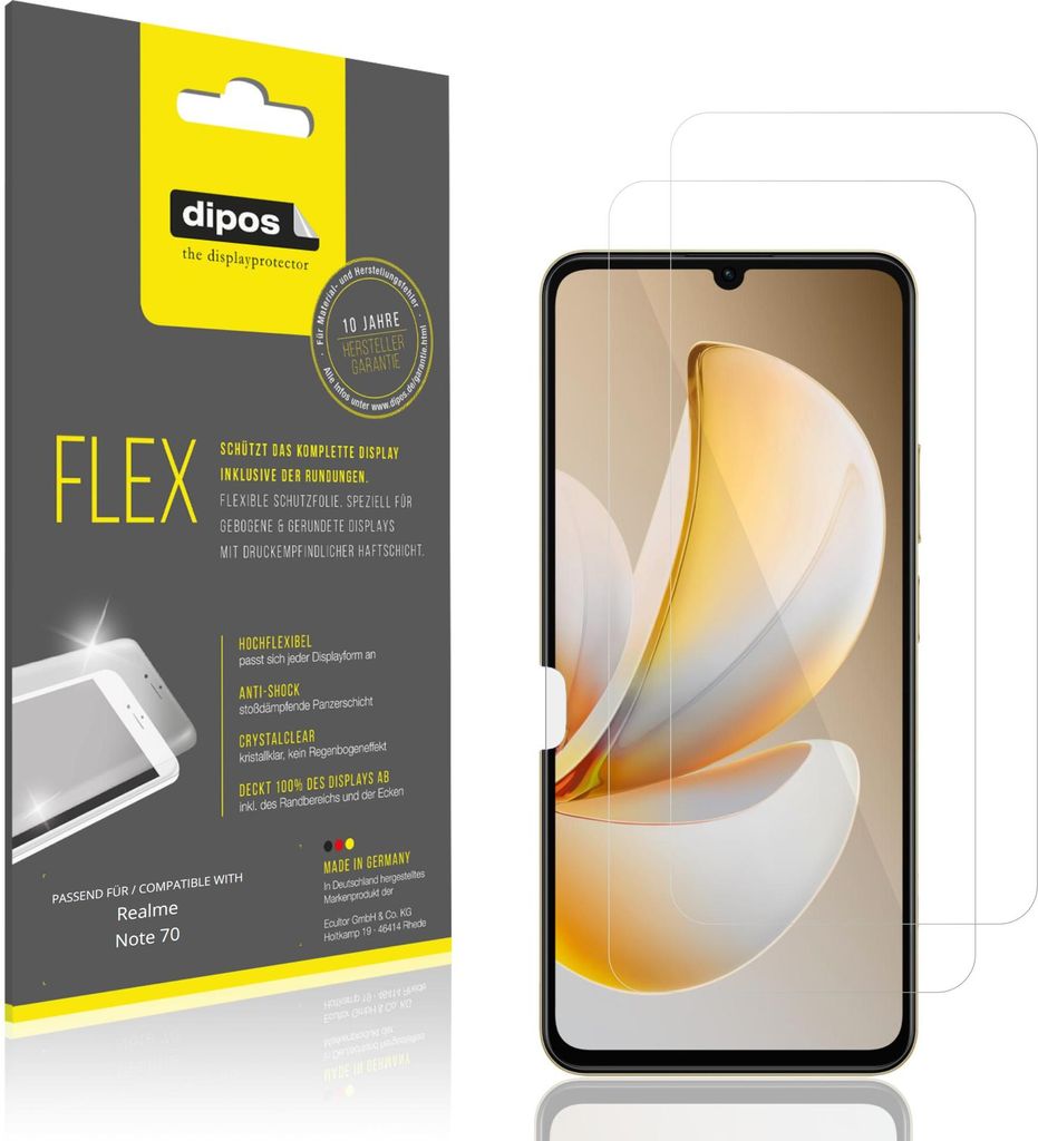 2x Schutzfolie für Realme Note 70 Folie, 100% Displayabdeckung, dipos Flex