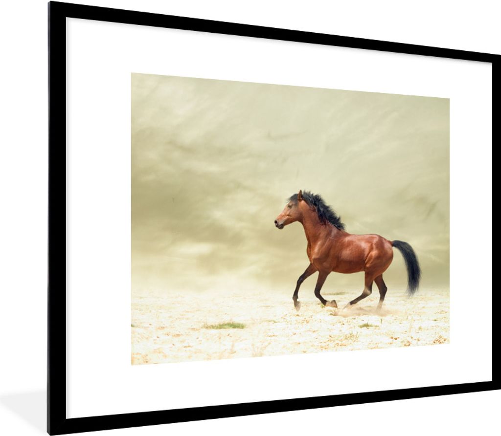 MuchoWow Gerahmtes Poster Pferd - Stoff - Sand 80x60 cm - Poster mit Schwarzem Bilderrahmen Wandposter Rahmen Foto Bilder - Schlafzimmer-Dekorati...