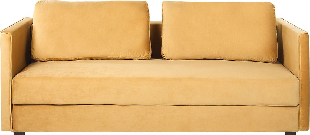 BELIANI 3-Sitzer Sofa Senfgelb Samtbezug mit Schlaffunktion Bettkasten Flache Armlehnen Geradlinig Lose Rückenkissen Modern Wohnzimmer Ausstattung