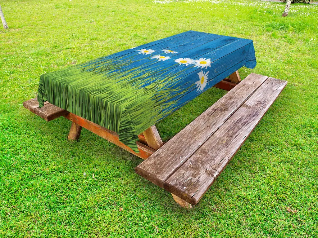 ABAKUHAUS Tovaglia da tavolo per esterni con motivo floreale, erba fresca primaverile e margherite su recinzione, stampa vintage estiva, verde, bianco e blu, 145 x 265 cm
