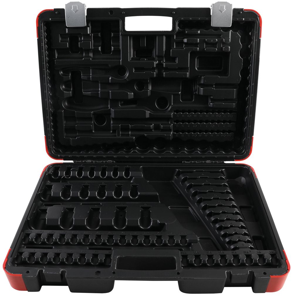 An open black tool case with red trim, showing empty molded compartments for tools.