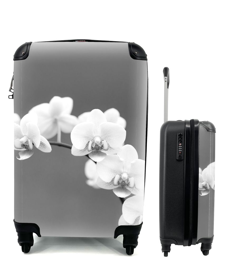 MuchoWow Koffer Handgepäck Trolley Rollkoffer Kleine Reisekoffer mit 4 Rollen - Orchidee - Blumen - Pflanze - Weiß - Lila - Cabin Size < 55x40x...