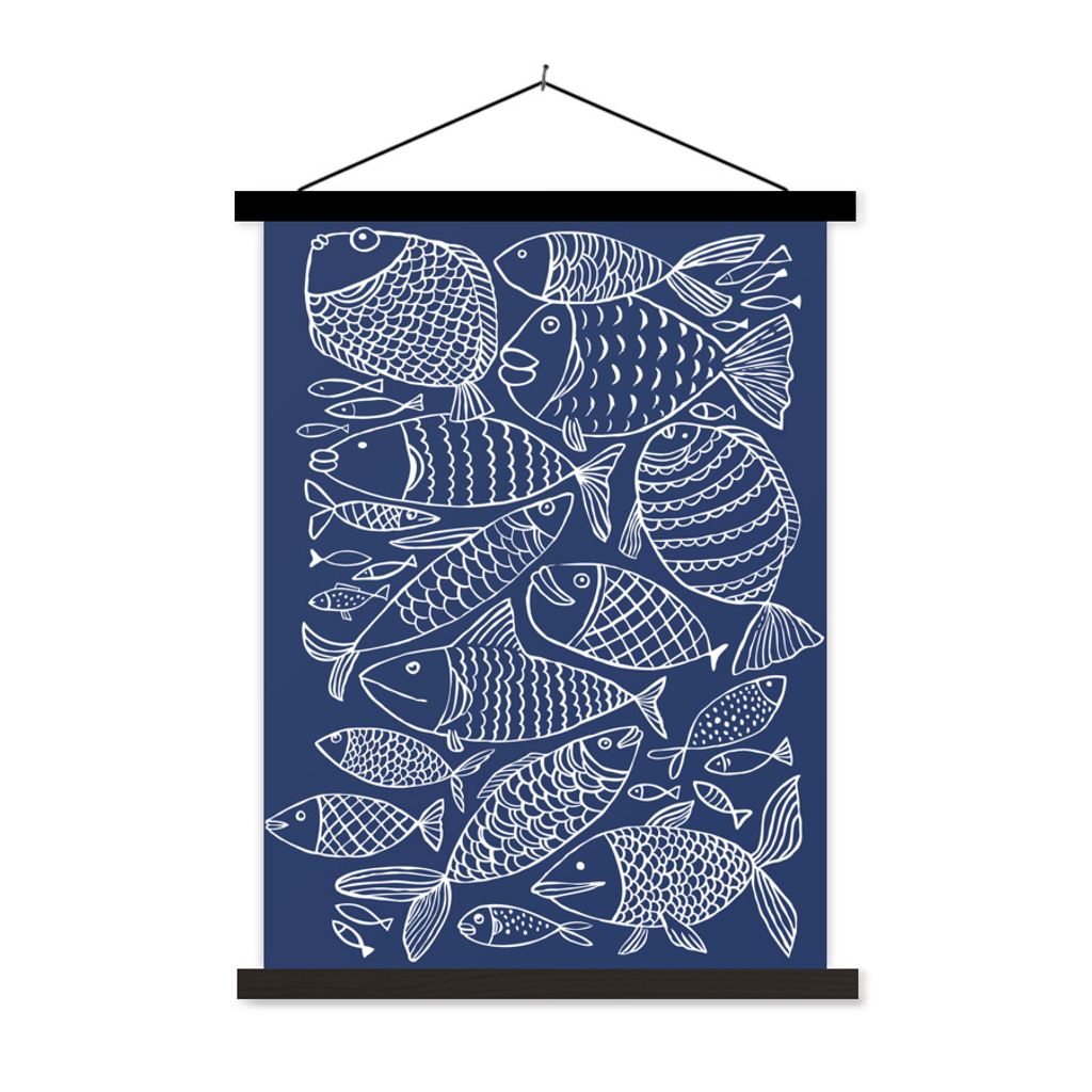 MuchoWow Textilposter Illustration eines Fisches auf einem dunkelblauen Hintergrund 90x120 cm mit schwarzem Rahmen - Dekoration
