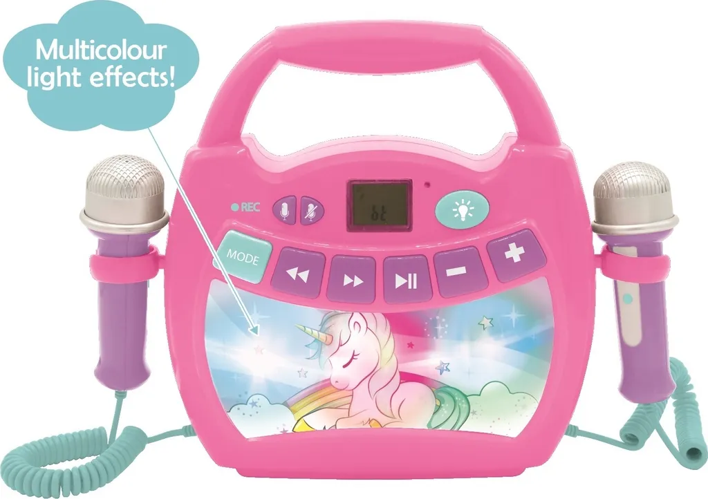 Lecteur Karaoké Licorne avec Effets de Lumière LED et Double Microphone
