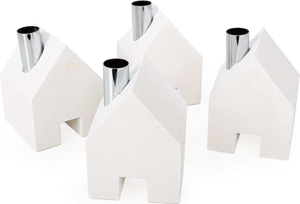 Logbuch-Verlag 4 Beton Kerzenhalter für Stabkerzen Adventskranz Haus Kerzenständer Industrial Deko weiß 9 x 9 x 12 cm