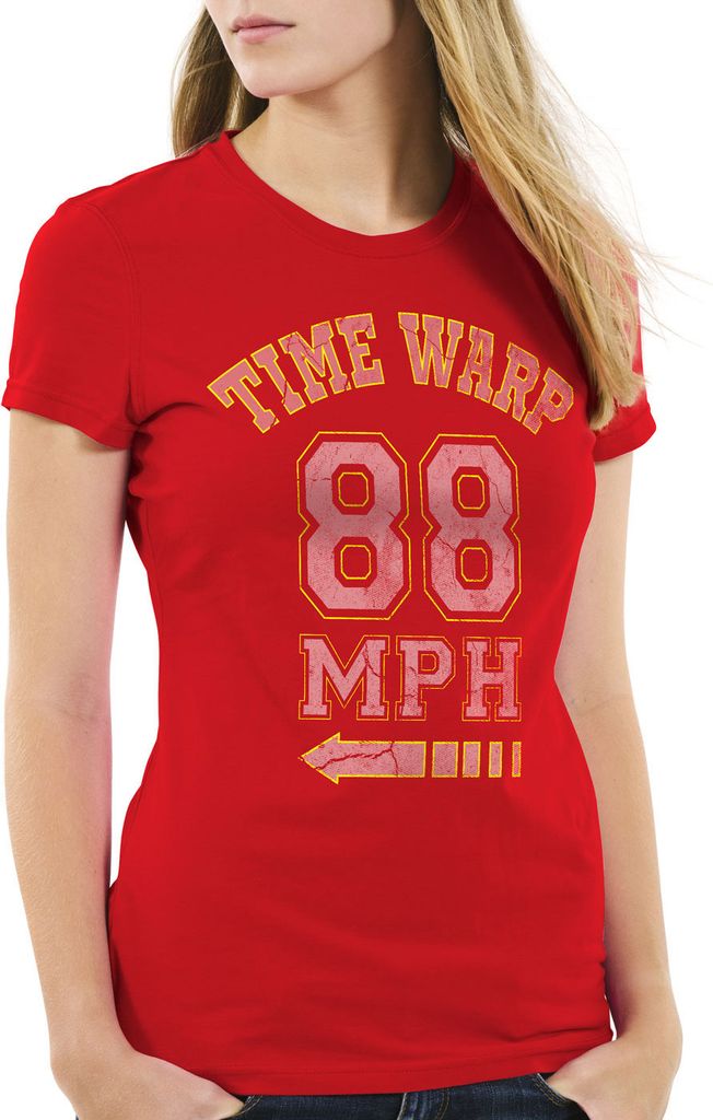 style3 Time Warp 88mph Damen T-Shirt Zukunft McFly Marty Gamer College, Farbe:Rot, Größe:XL
