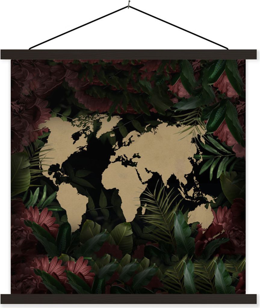 MuchoWow Textilposter Weltkarte - Blumen - Rosa 60x60 cm mit schwarzem Rahmen - Posteraufhänger