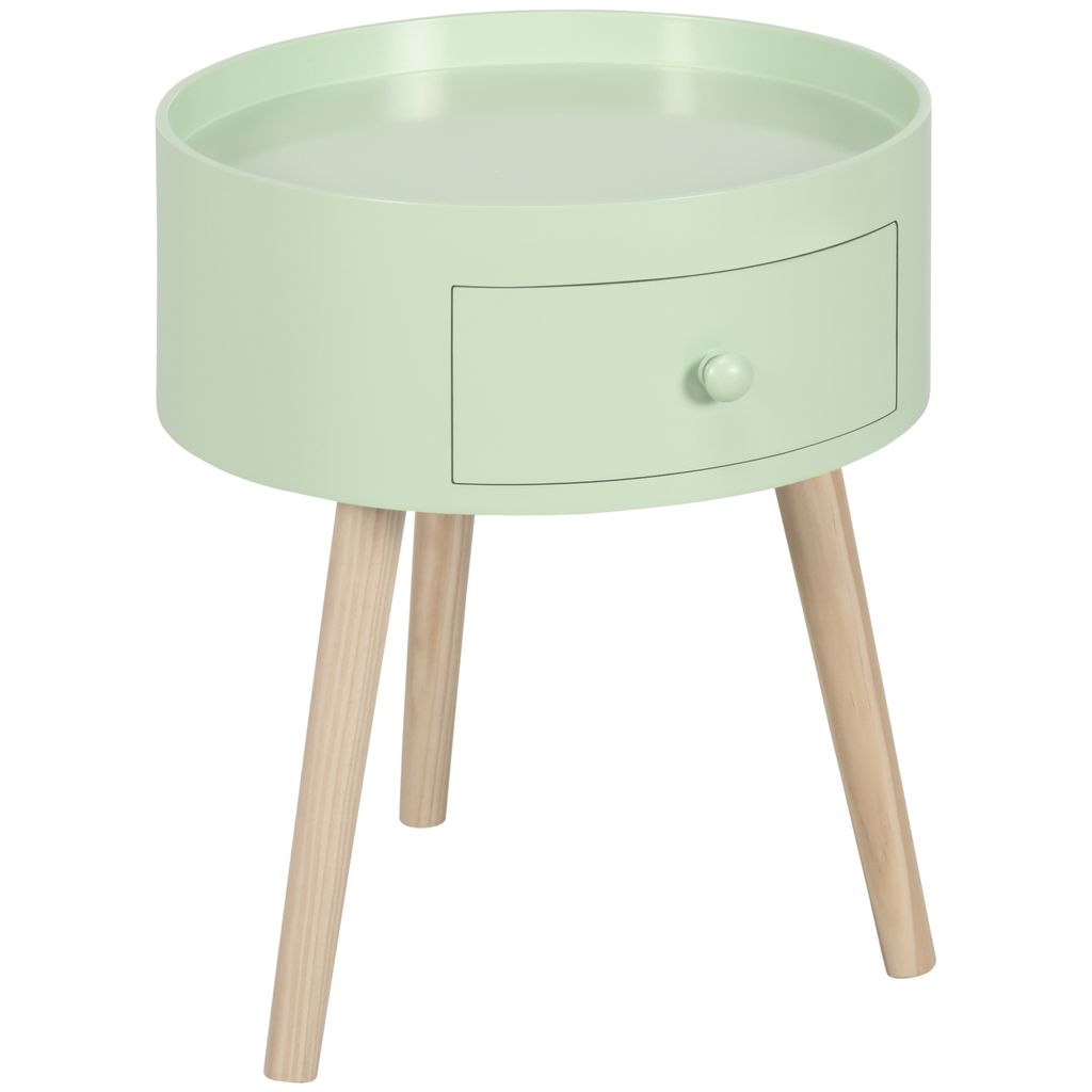 A light green round side table with a drawer and three wooden legs, shown against a white background.