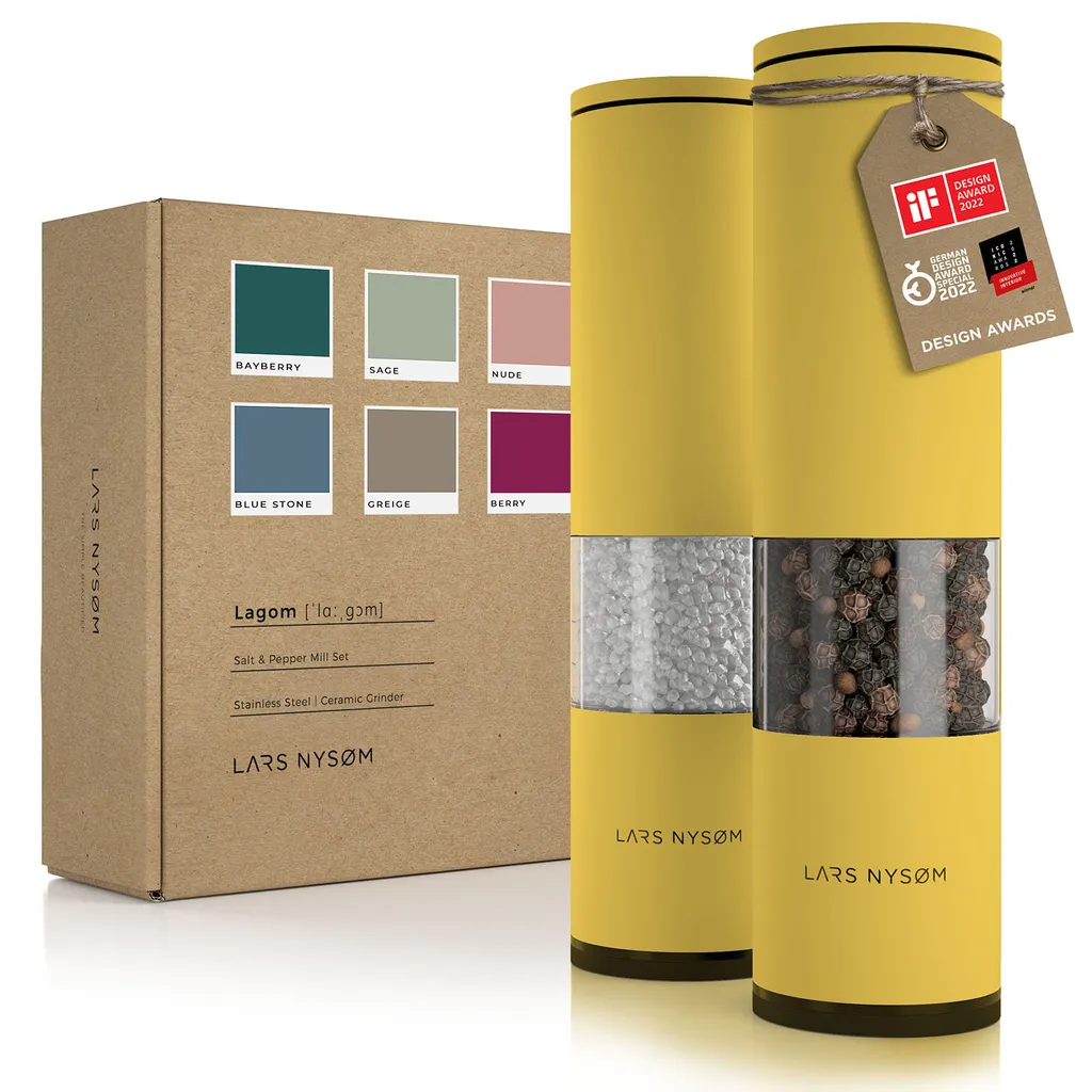 LARS NYSØM Set di 2 macinae pepe Manuale con macina Vetroceramica regolabile da grossolana a fine I Set di macina spezie di design (2 pezzi) Spicy Mustard