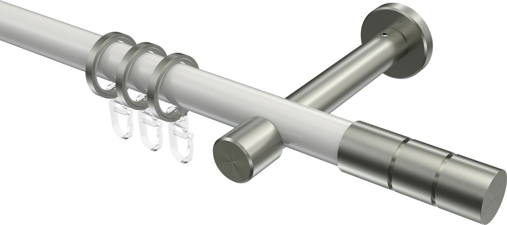 Interdeco Gardinenstange / Vorhangstange Weiß / Edelstahl-Optik, Typ Prestige Elanto (Rillenzylinder), 20 mm Ø 1-läufig, 440 cm
