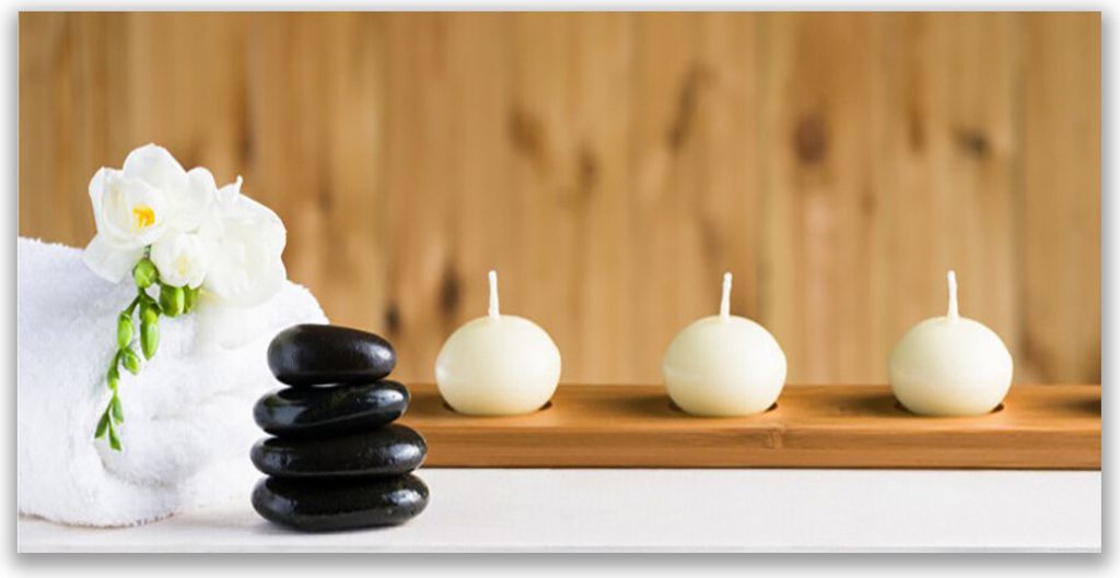 Glasbilder 120x60 Wandbild Druck auf Glas Kerzen Blume Steine Kunst