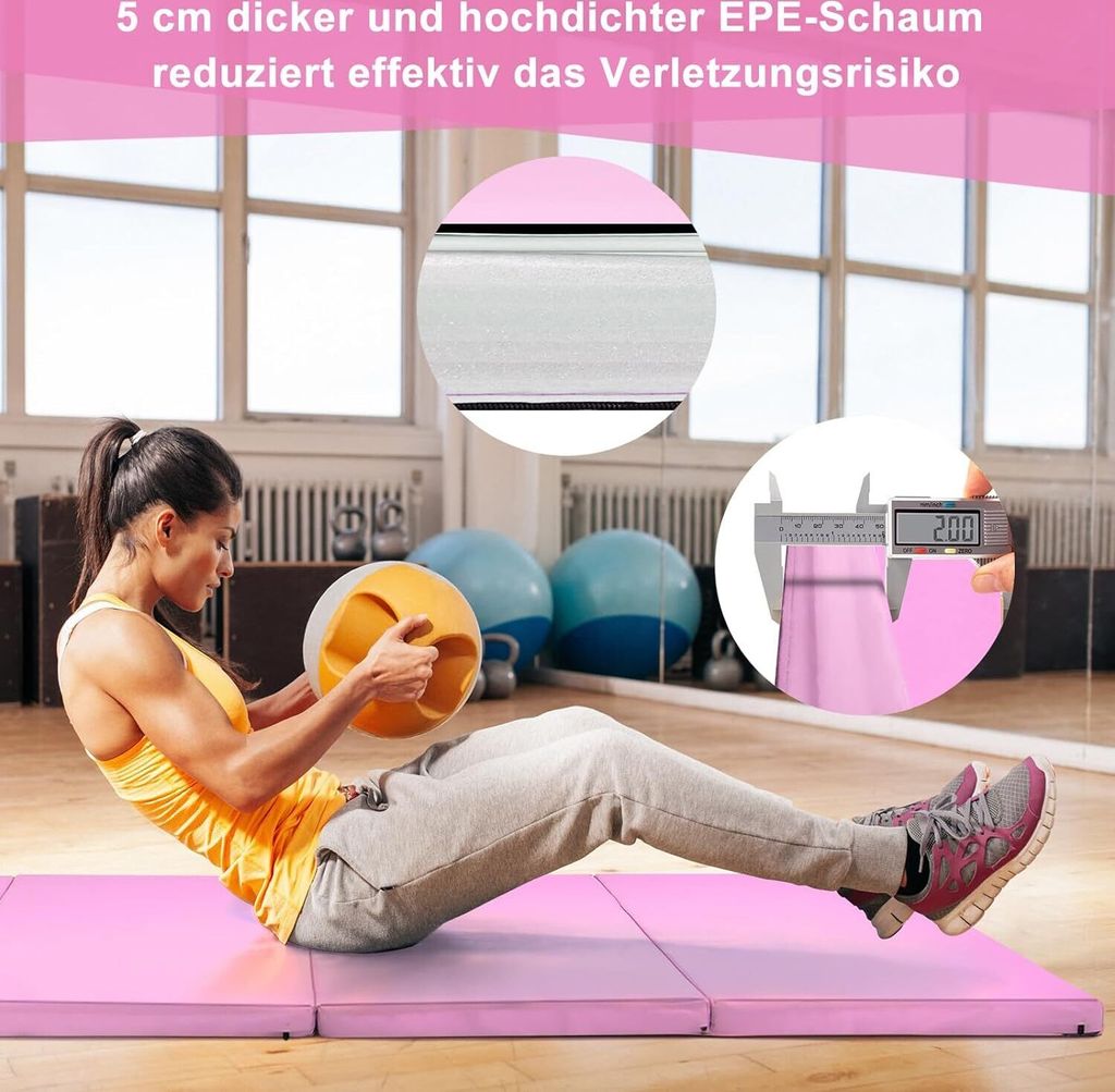 COSTWAY 240 x 120 x 5 cm Zachte vloermat, inklapbare gymnastiekmat, yogamat met klittenbandsluiting en 2 draagriemen, turnmat, klapmat, fitnessmat voor gymnastiek, yoga, training (Rood Roze