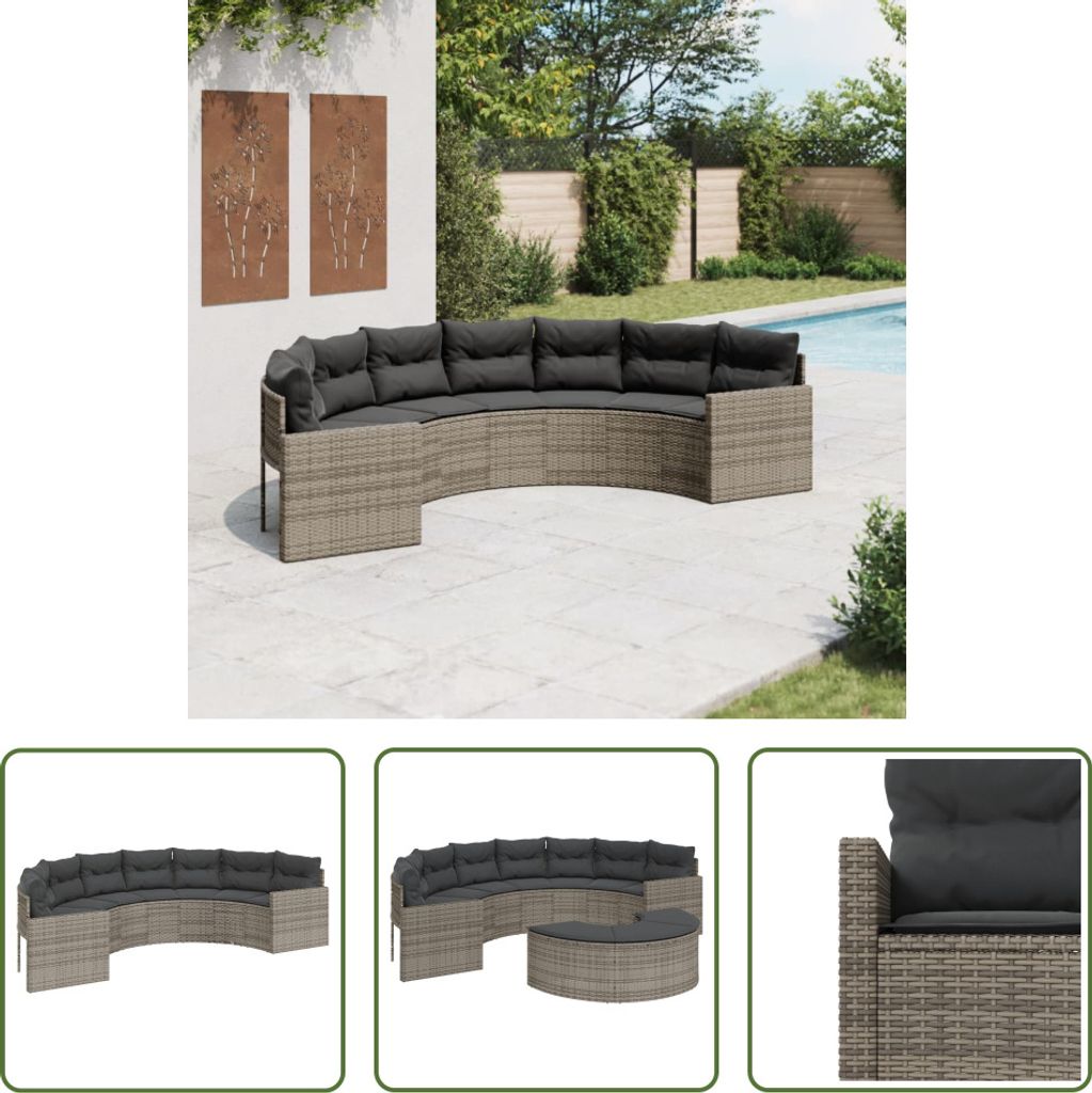 The Living Store Gartensofa mit Kissen Halbrund Grau Poly Rattan