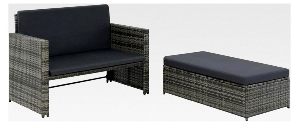 Gartensofa mit Stauraum aus Rattan, Balkonsofa mit Liegefunktion, Couch für Terrasse und Garten, Balkon Lounge Set - Sessel mit Hocker in Grau