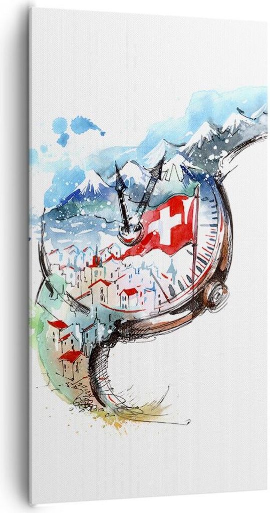 Bild auf Leinwand - Leinwandbild - Uhr Schweizer Alpen Wolke - 65x120cm - Wand Bild - Wanddeko - Leinwanddruck - Bilder - Kunstdruck - Wanddekorati...