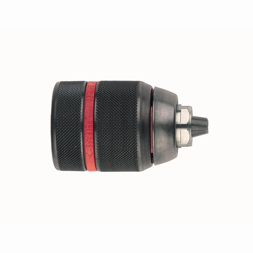 A close-up studio shot of a drill chuck on a white background.